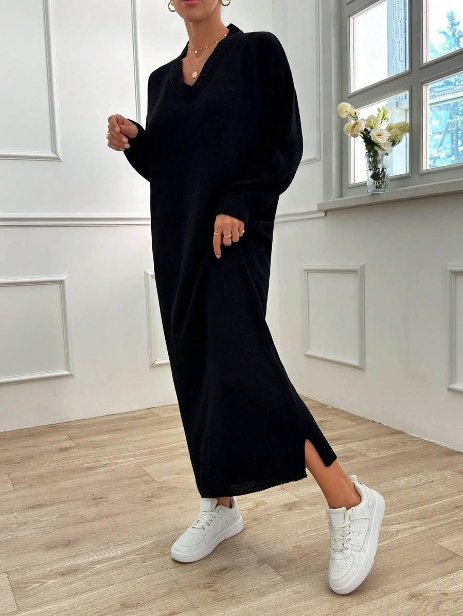 CZARNA SUKIENKA DZIANINA V-NECK