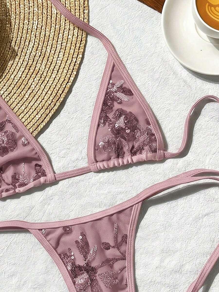 różowy komplet bikini stringi cekiny