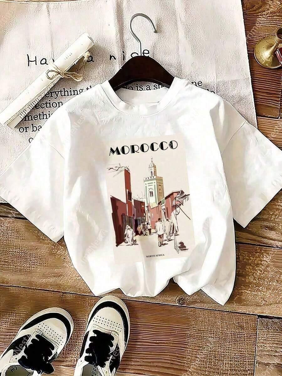 biały t-shirt nadruk marocco