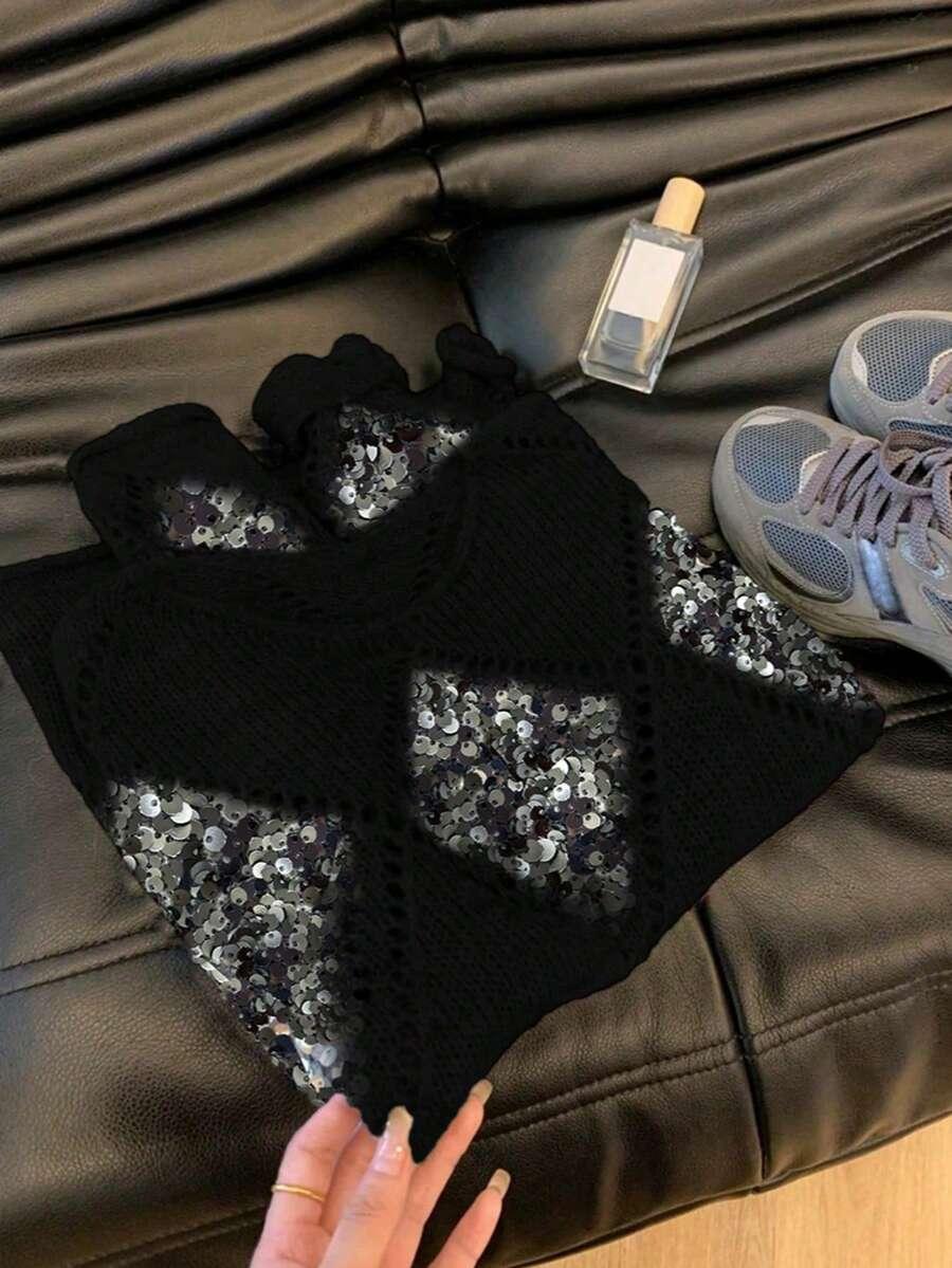 CZARNY DZIANINOWY SWETER