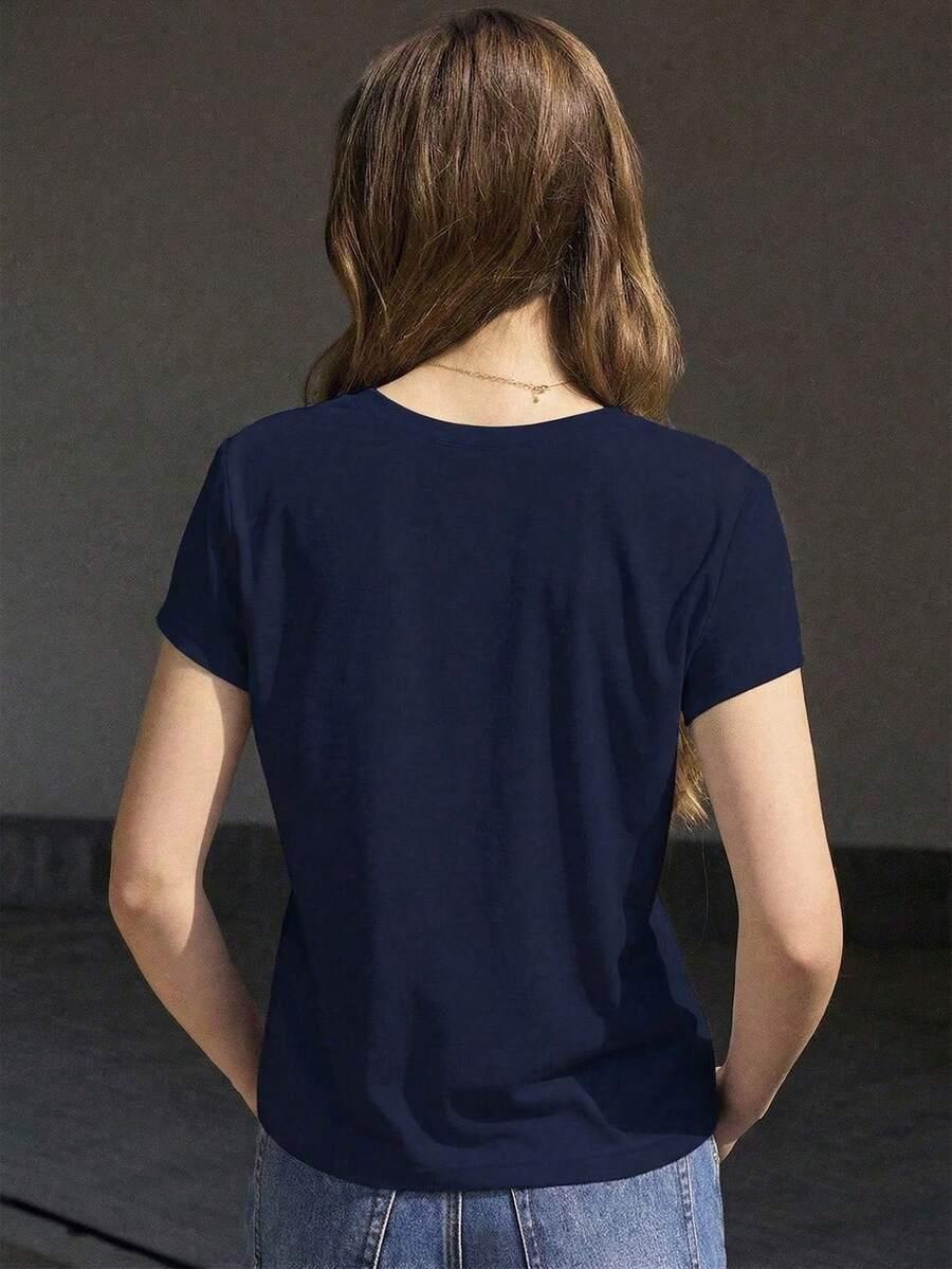 granatowa bluzka v-neck wzór print
