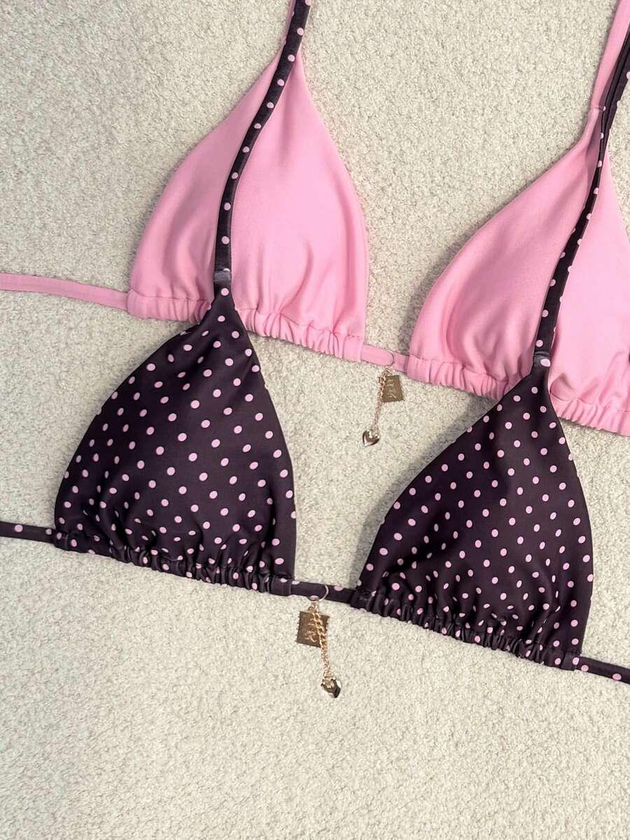 różowy komplet bikini wiązanie 