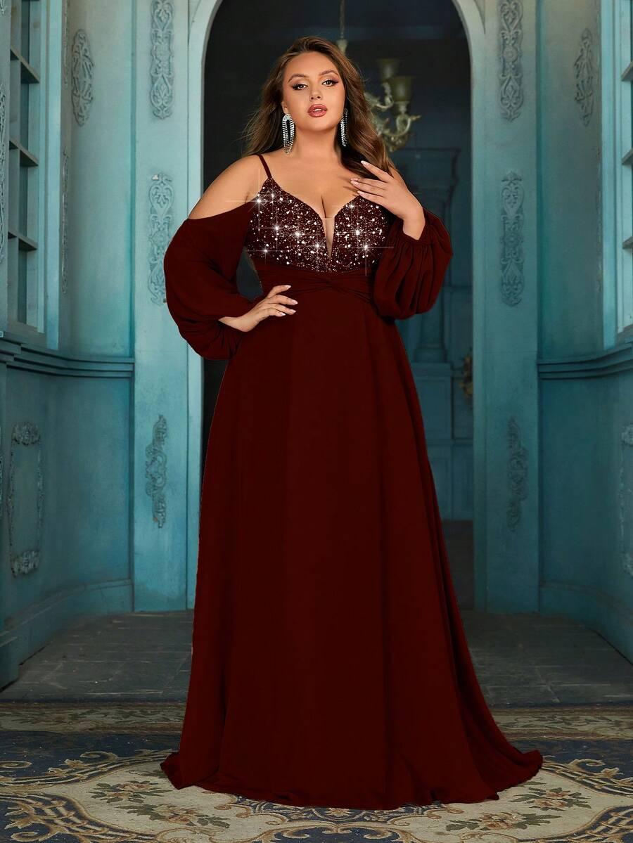 bordowa maxi sukienka cekiny