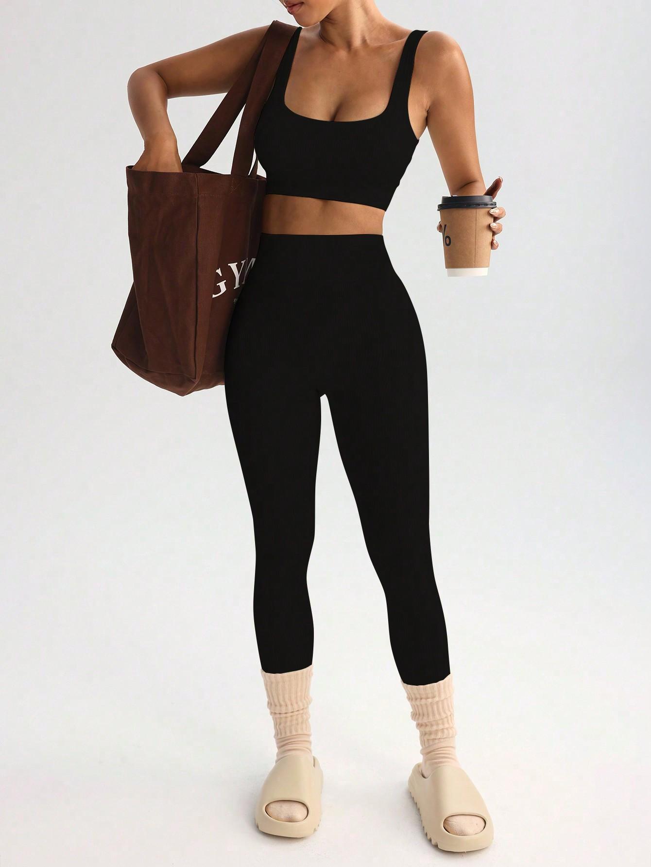 CZARNY KOMPLET TOP LEGGINSY PRĄŻKI 