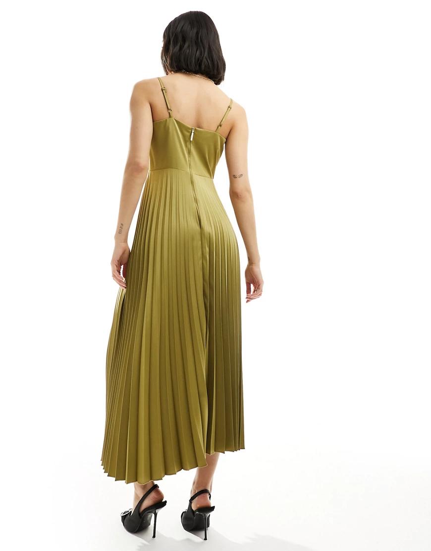 oliwkowa kloszowana sukienka lejący dekolt plisy
