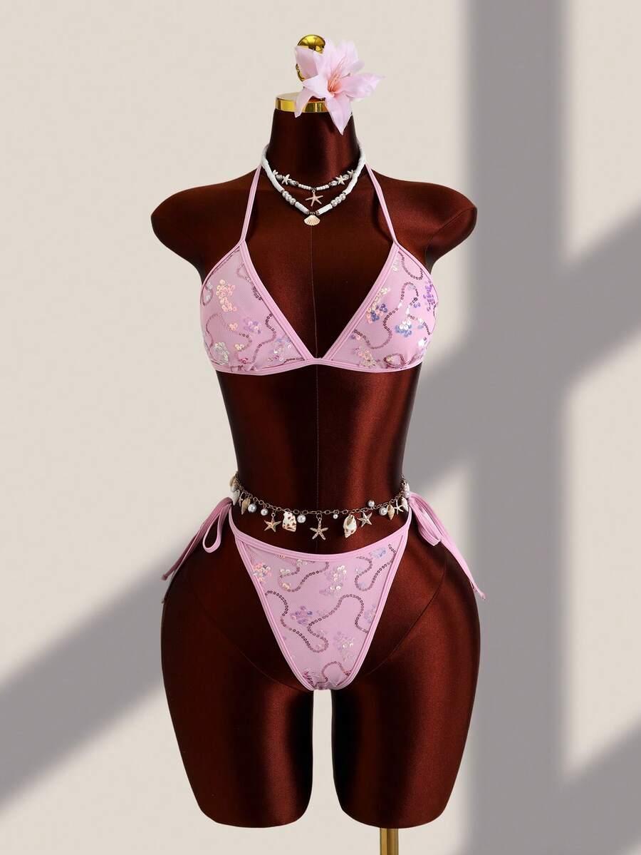 KOMPLET BIKINI WIĄZANY Z CEKINAMI