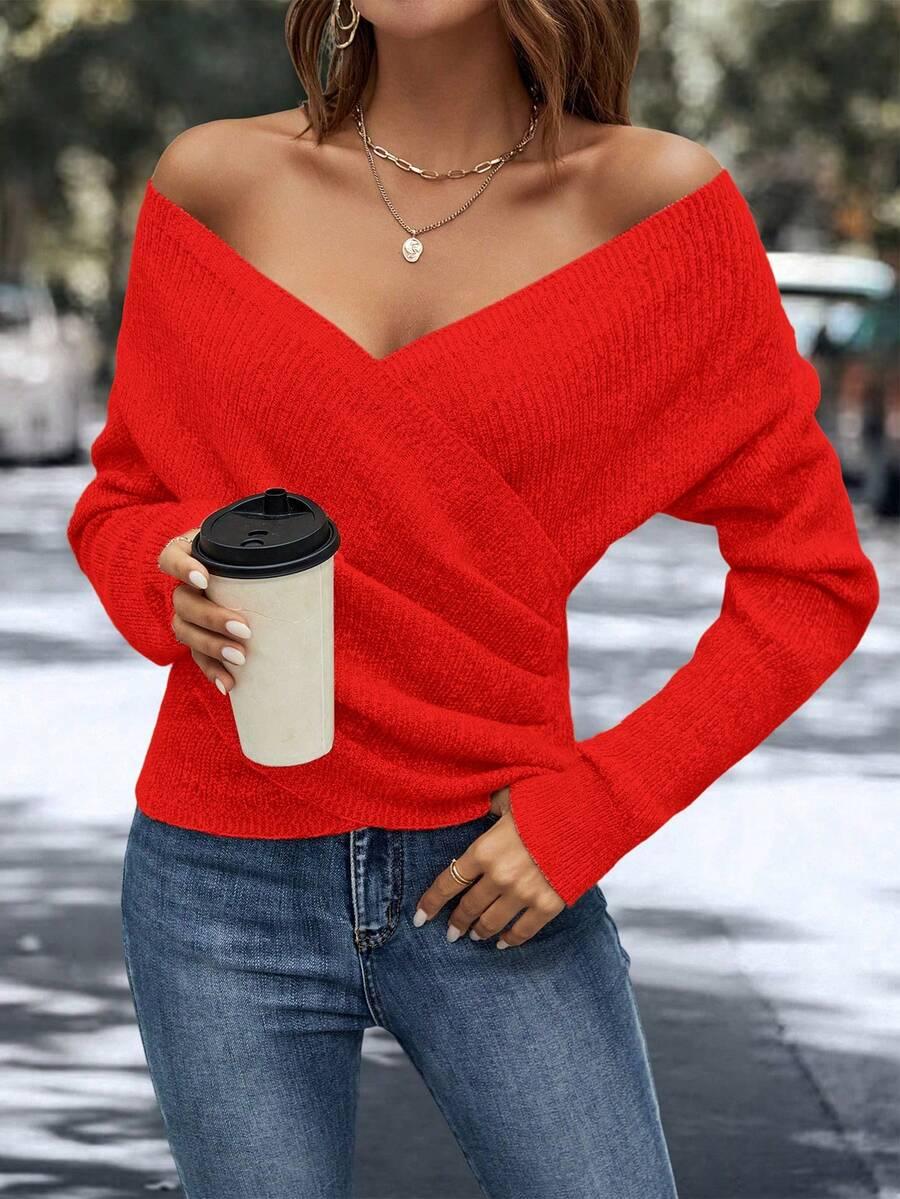 CZERWONY SWETER V-NECK