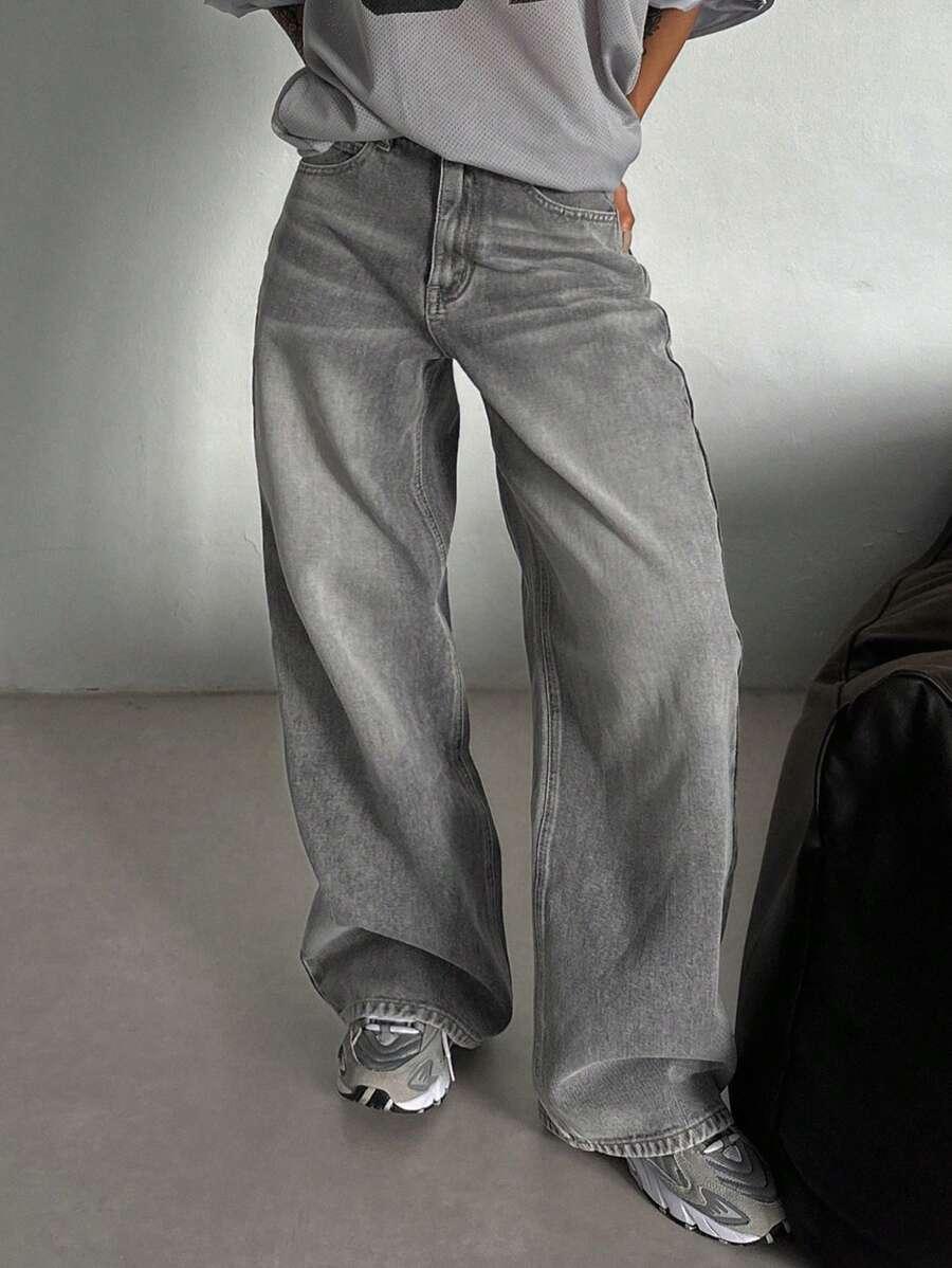 SZARE SPODNIE JEANS SZEROKIE NOGAWKI