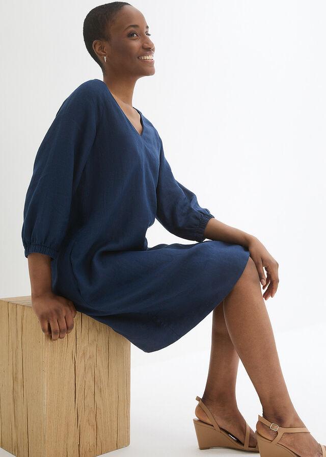 lniana sukienka v-neck rękaw 3/4