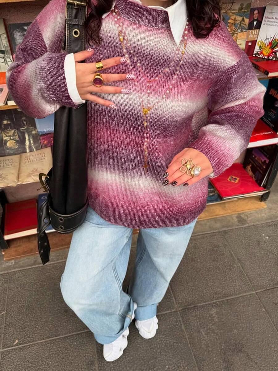 RÓŻOWY SWETER W PASKI domieszka wełny
