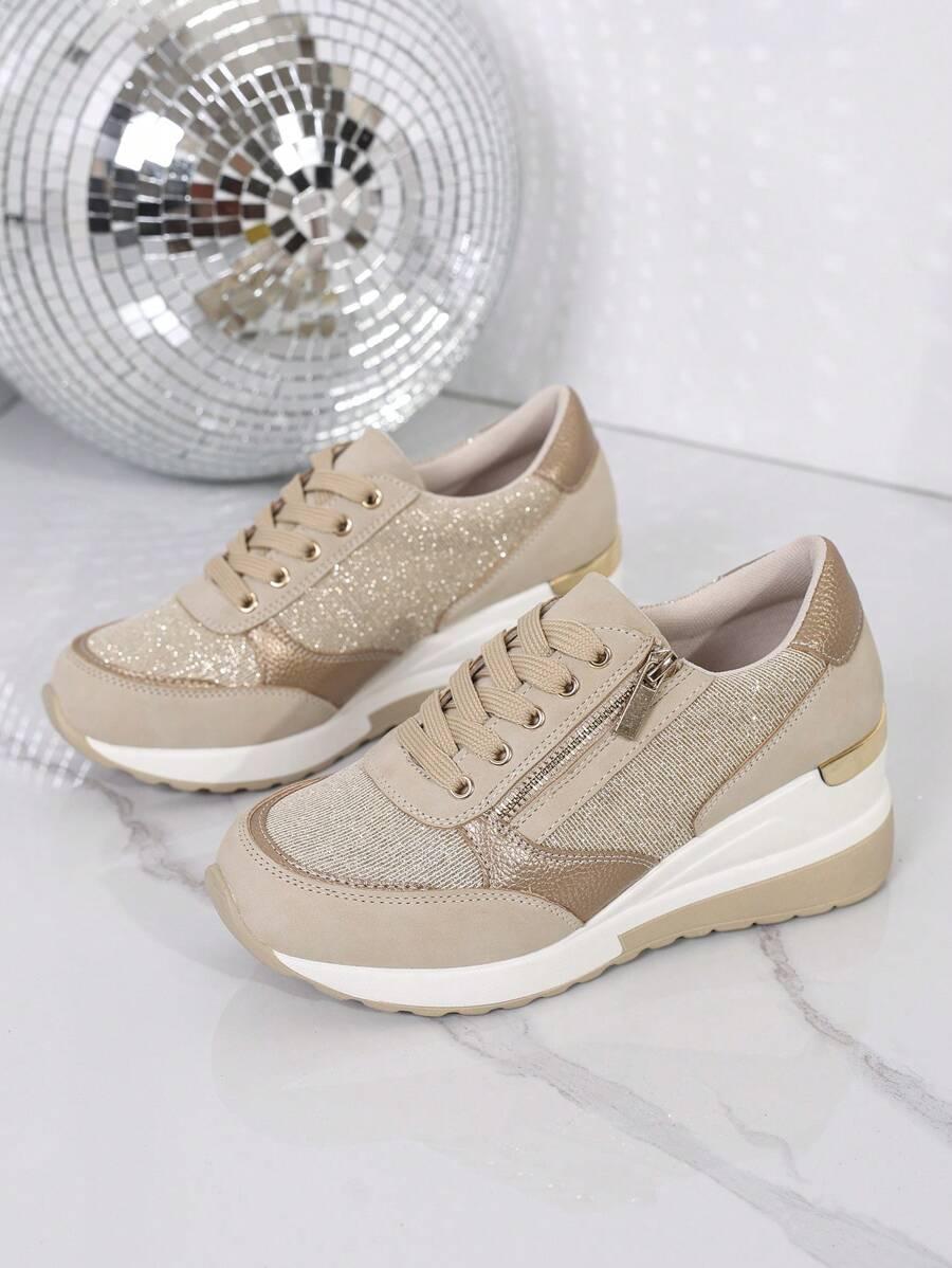 SZNUROWANE BUTY SPORTOWE połysk koturn