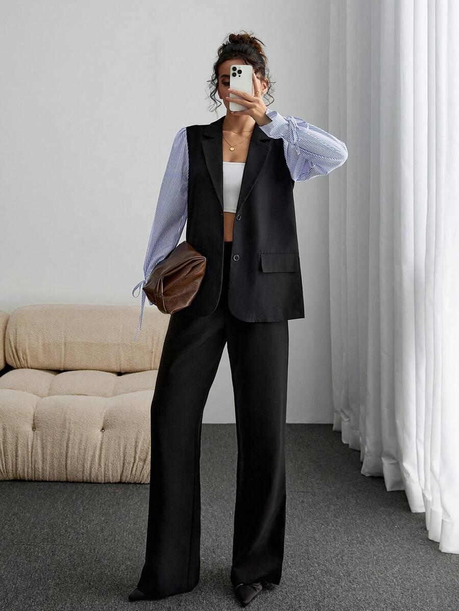 ELEGANCKA KOSZULA DAMSKA V-NECK W PASKI DŁUGI