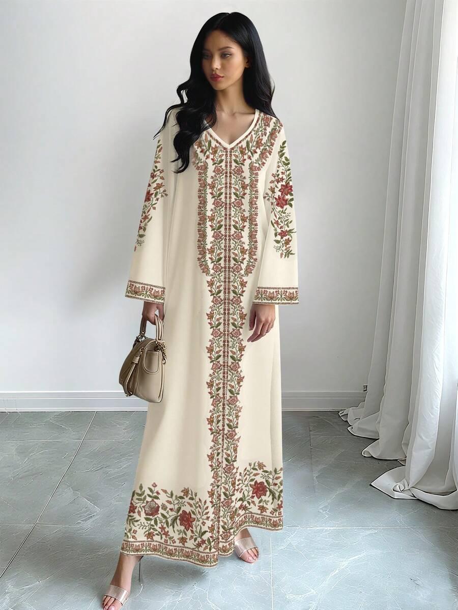MAXI SUKIENKA V NECK WZÓR KWIATY 