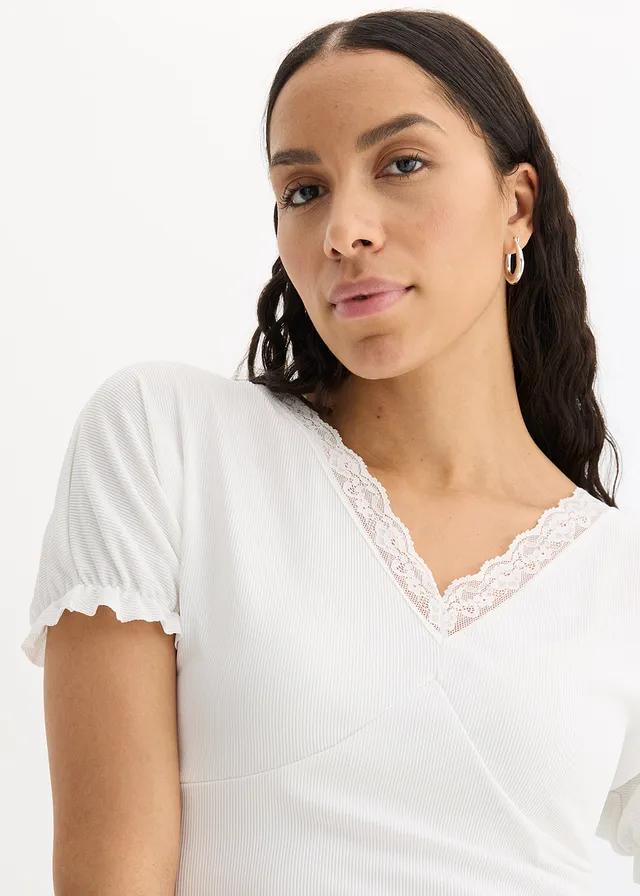 BIAŁA PRĄŻKOWANA BLUZKA V-NECK KORONKA
