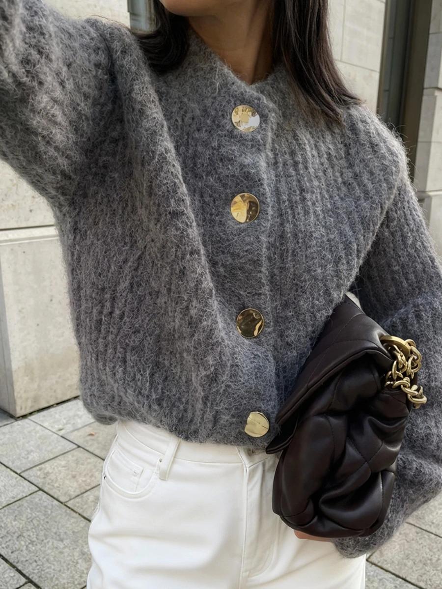 brązowy SWETER GUZIKI 