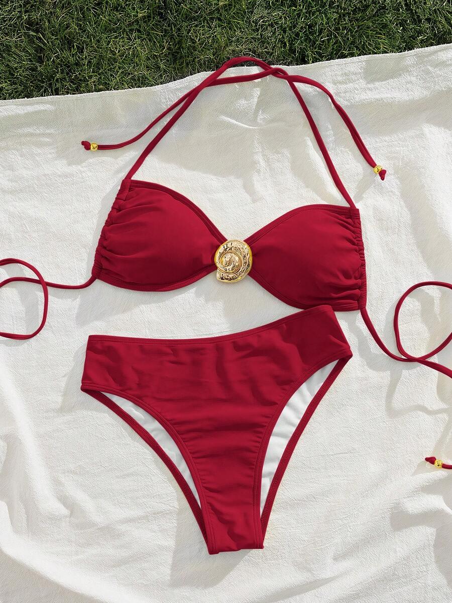 CZERWONY KOMPLET BIKINI ZDOBIENIE