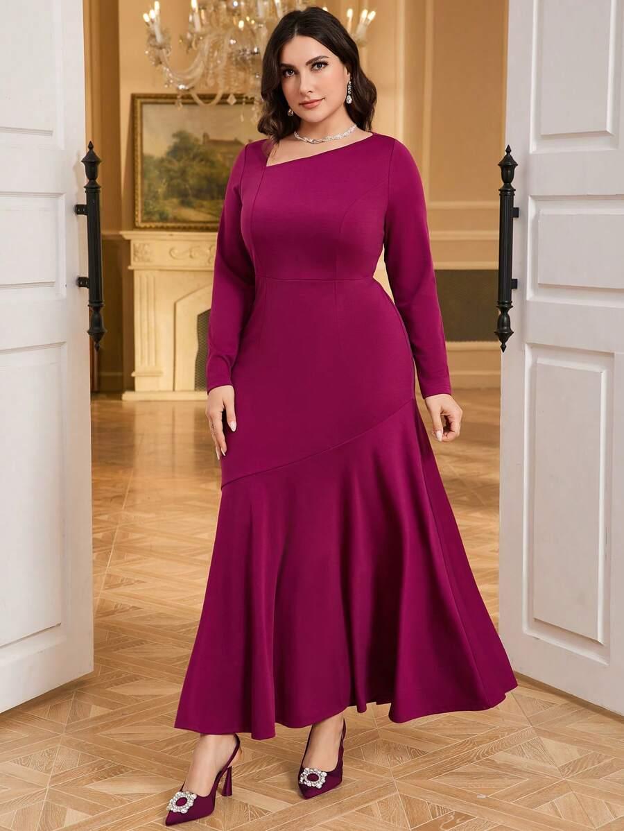SUKIENKA MAXI GLAMOUR ASYMETRYCZNY DEKOLT DŁUGI RĘKAW