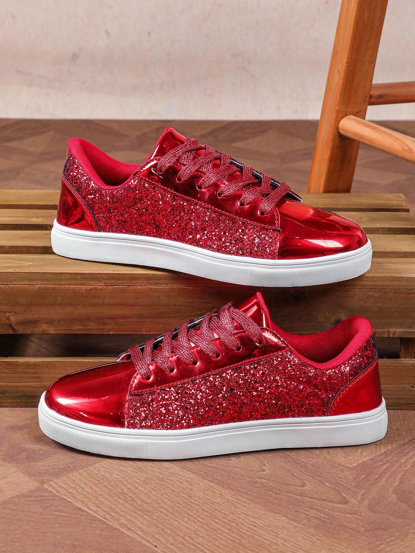 CZERWONE SZNUROWANE BUTY SPORTOWE POŁYSK 