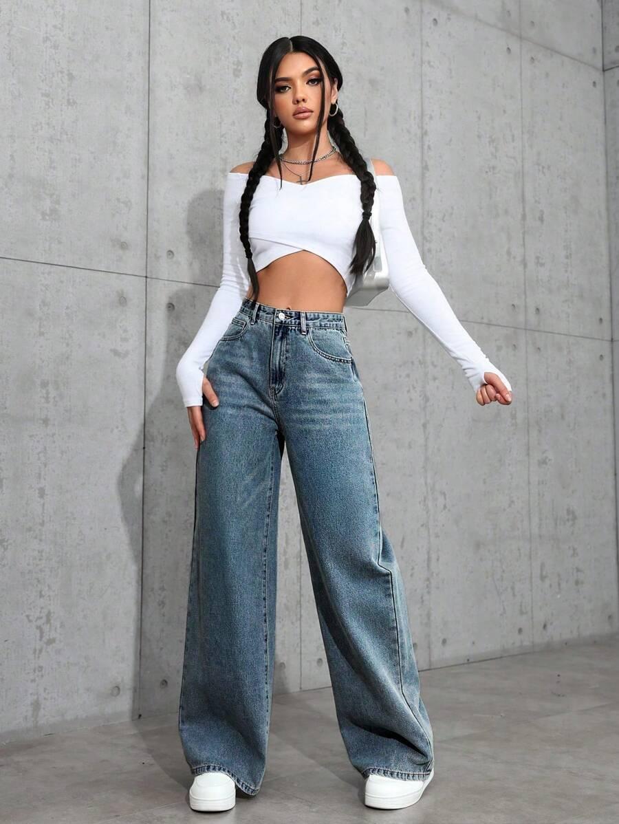 NIEBIESKIE spodnie JEANS PROSTA NOGAWKA 