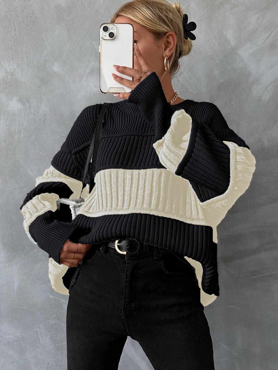 CZARNY SWETER PASKI kontrast