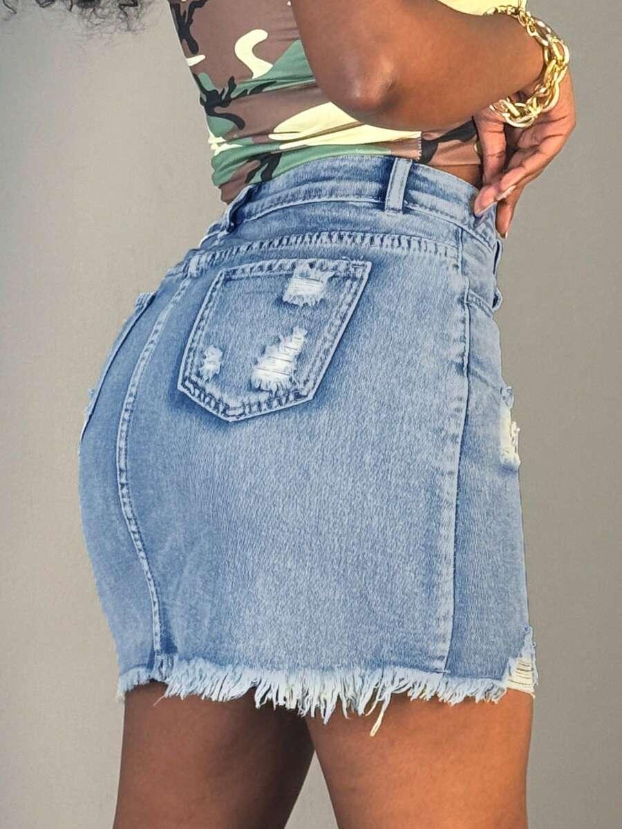 niebieska mini spódnica jeans ripped