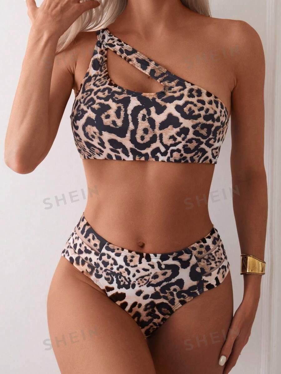 góra od bikini animal print top na jedno ramie asymetria 