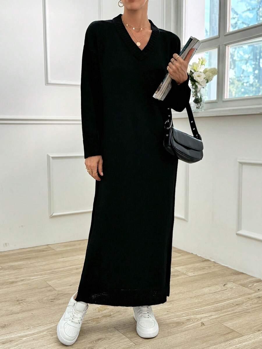 CZARNA SUKIENKA DZIANINA V-NECK