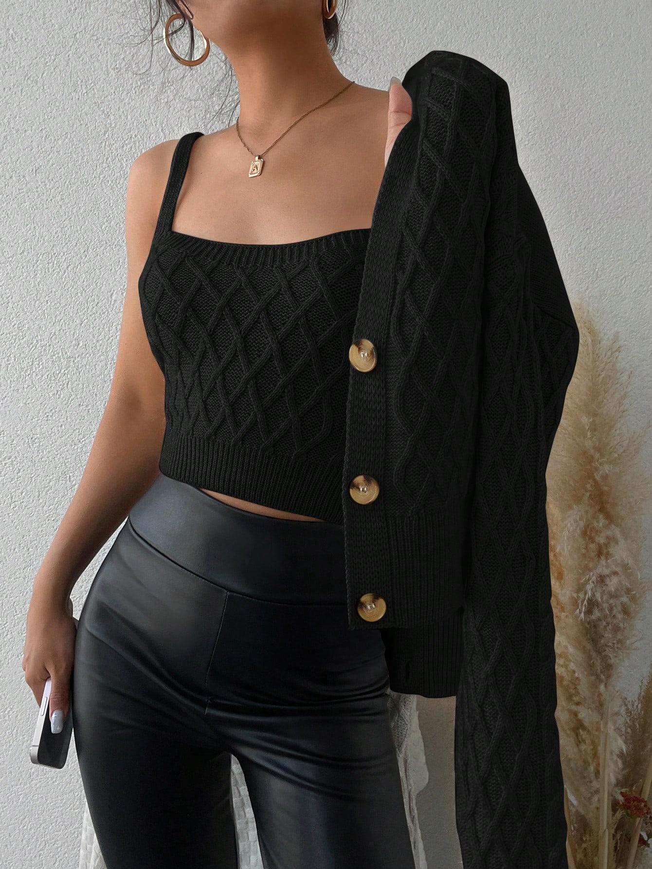 CZARNY DZIANINOWY KOMPLET TOP SWETER