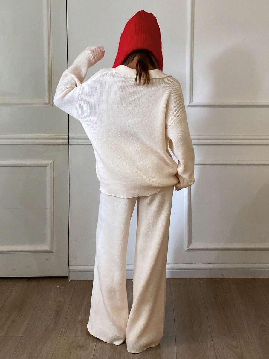 DZIANINOWY KOMPLET SWETER SPODNIE