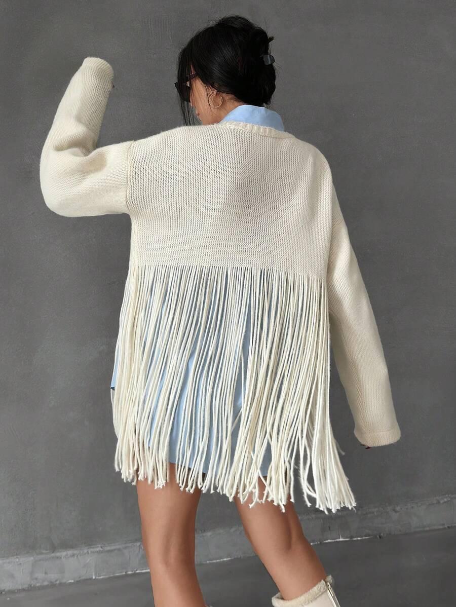 SWETER OKRĄGŁY DEKOLT FRĘDZLE