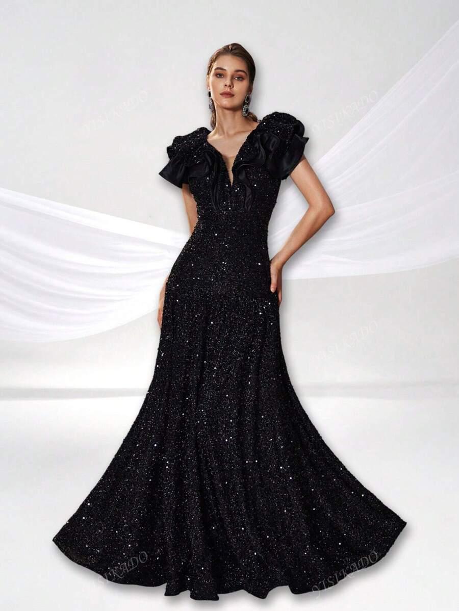 CZARNA MAXI SUKIENKA CEKINY