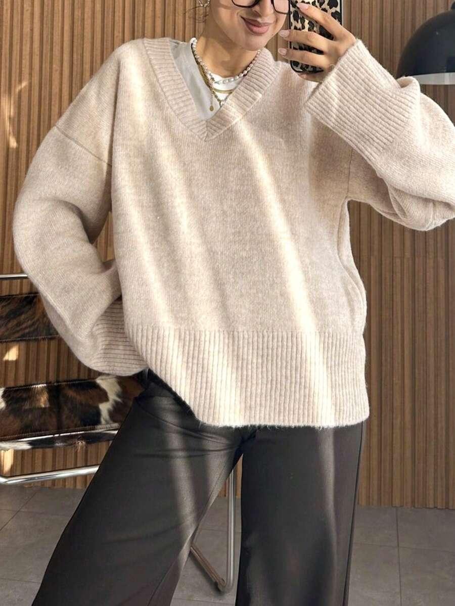 BEŻOWY DZIANINOWY sweter v neck 