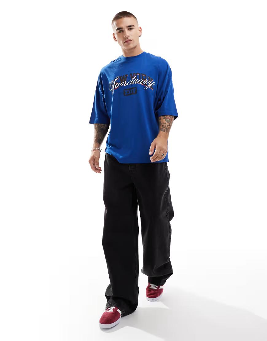 niebieski t-shirt nadruk oversize
