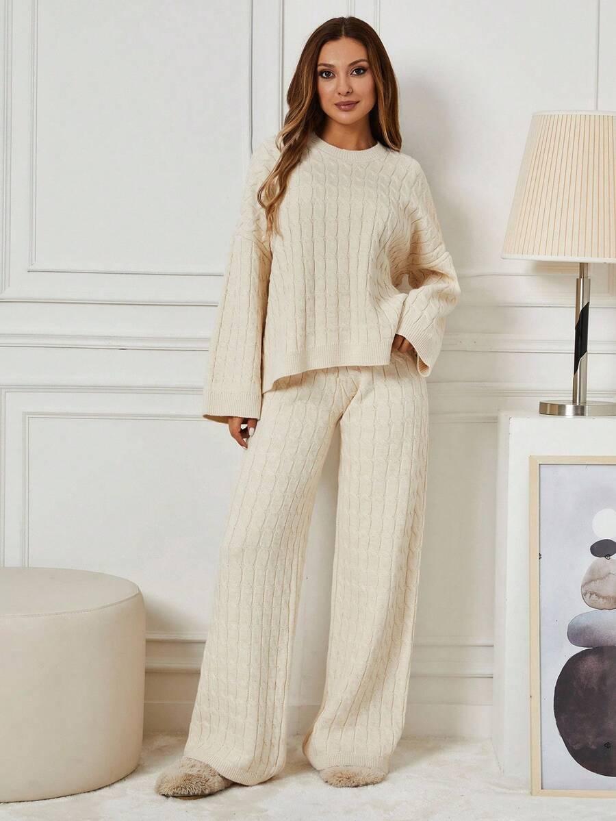 BEŻOWY DZIANINOWY KOMPLET SWETER SPODNIE