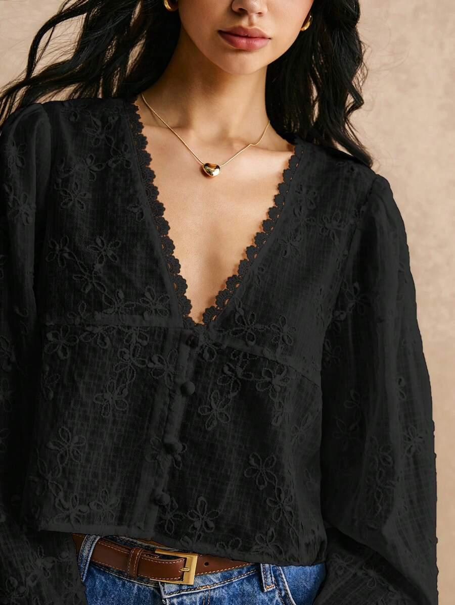 CZARNA BLUZKA V-NECK DŁUGI RĘKAW