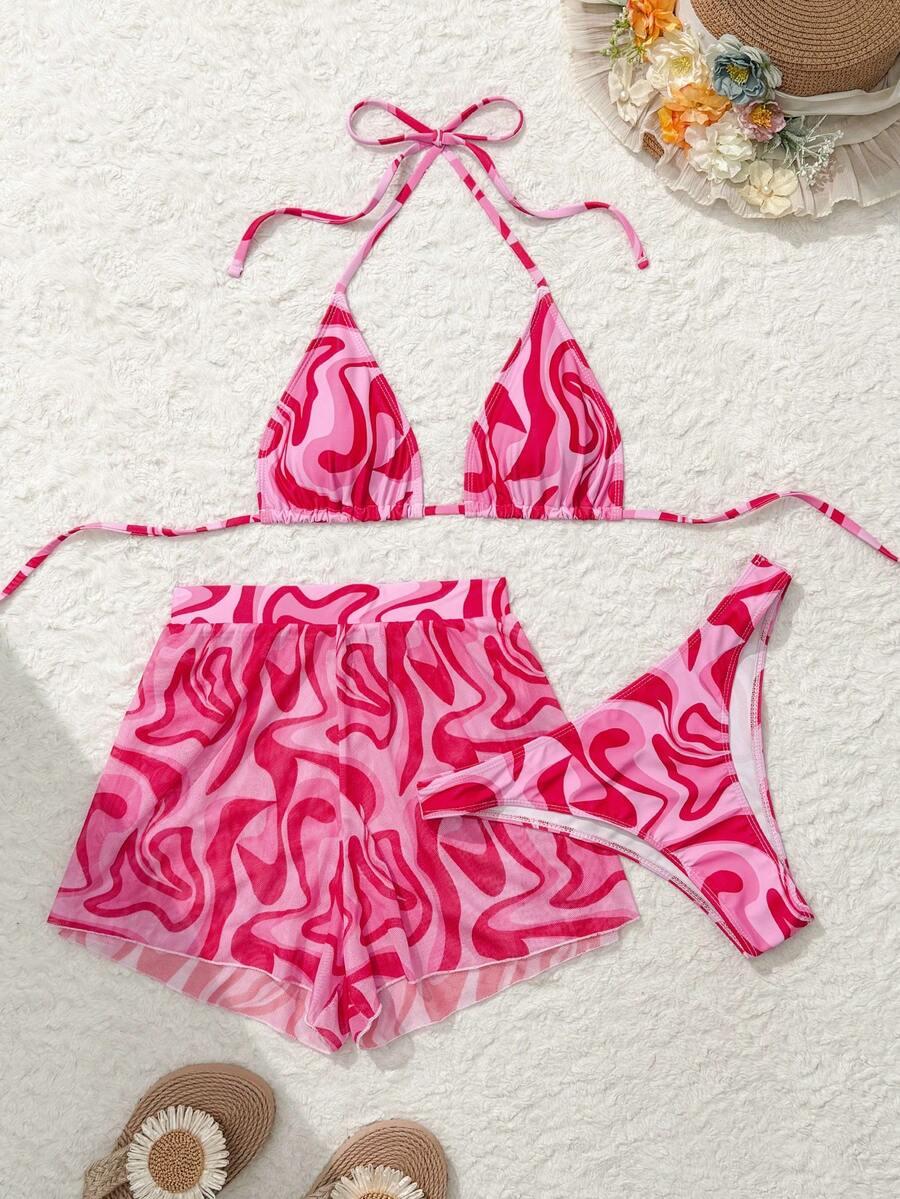 KOMPLET BIKINI WIĄZANY Z WZOREM SPODENKAMI