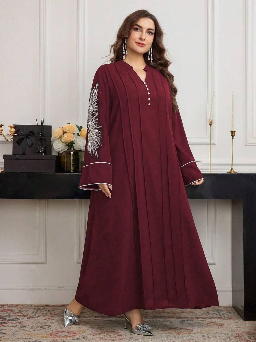 bordowa maxi sukienka v neck zdobienie 