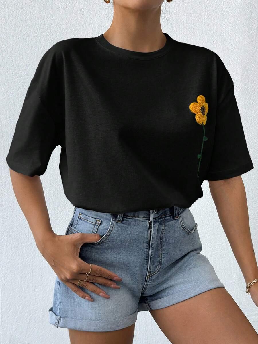 CZARNY T-SHIRT HAFT KWIAT
