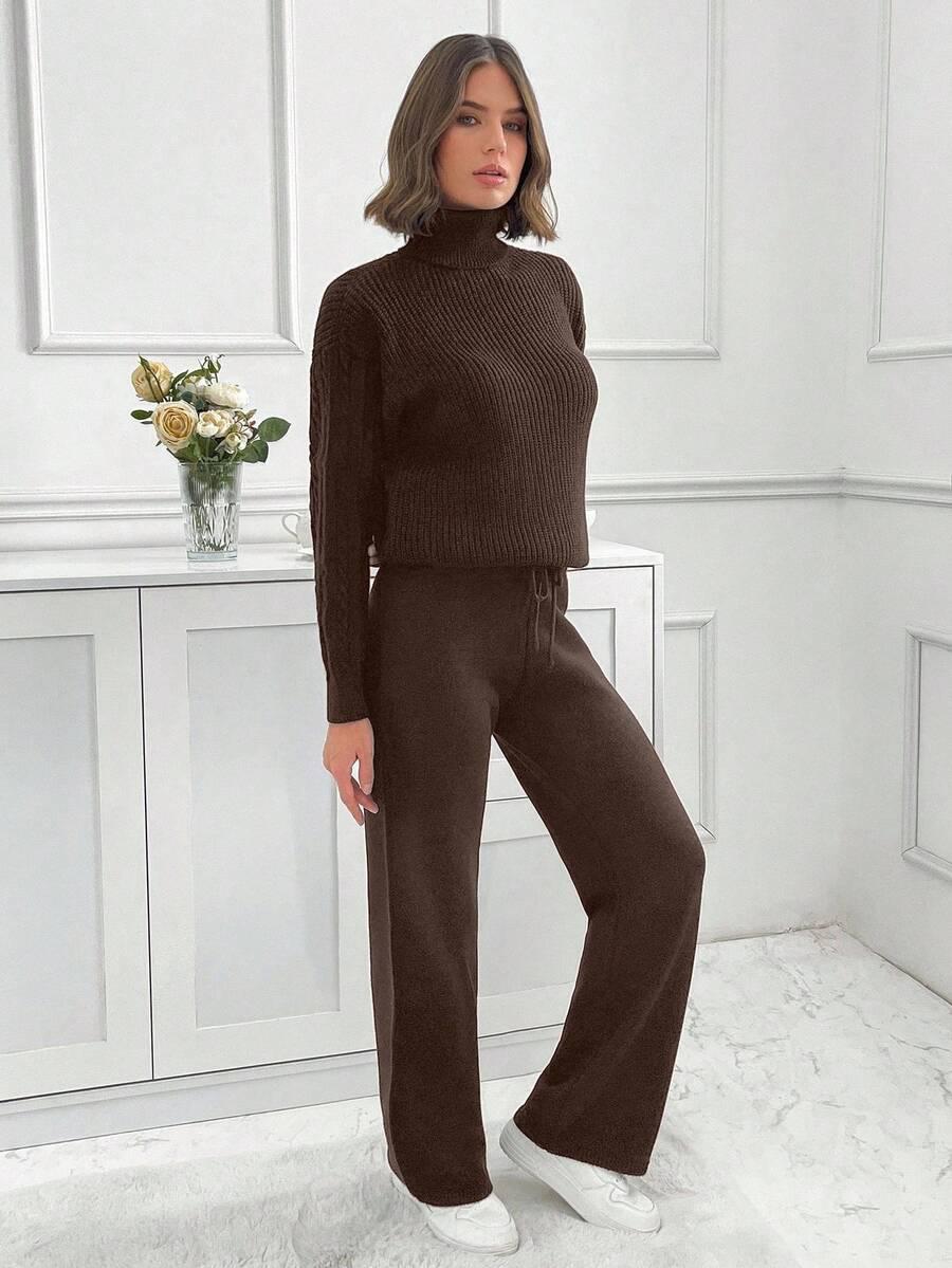 brązowy dzianinowy sweter spodnie komplet 