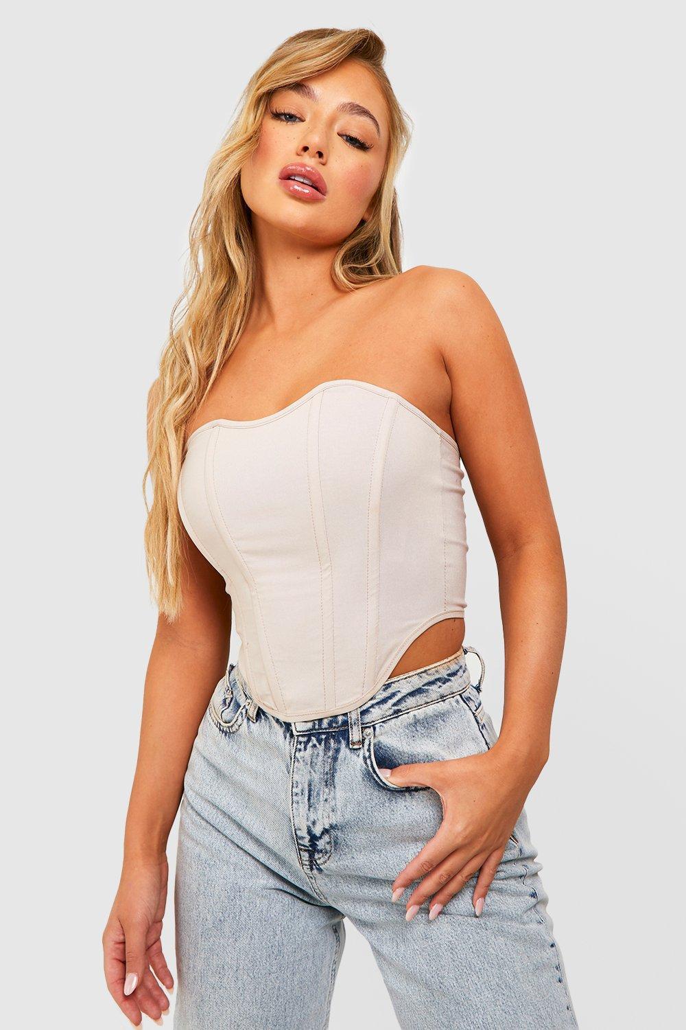 BEŻOWY CROP TOP GORSET ODKRYTE RAMIONA