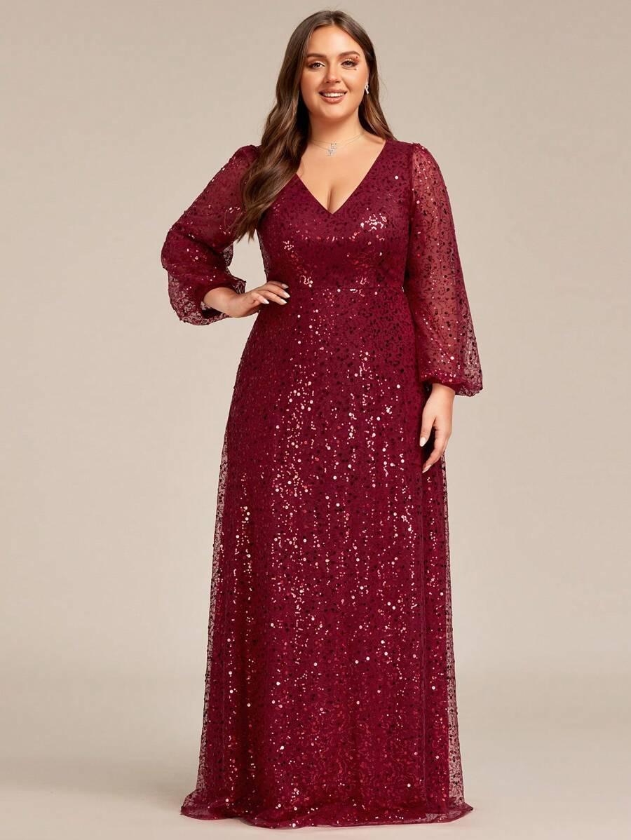 czerwona maxi sukienka zdobienie cekiny v-neck