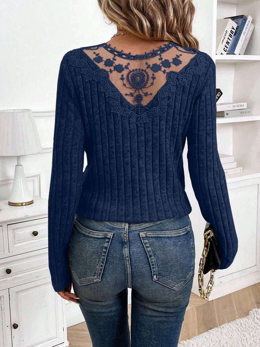 GRANATOWA DZIANINOWA BLUZKA V NECK