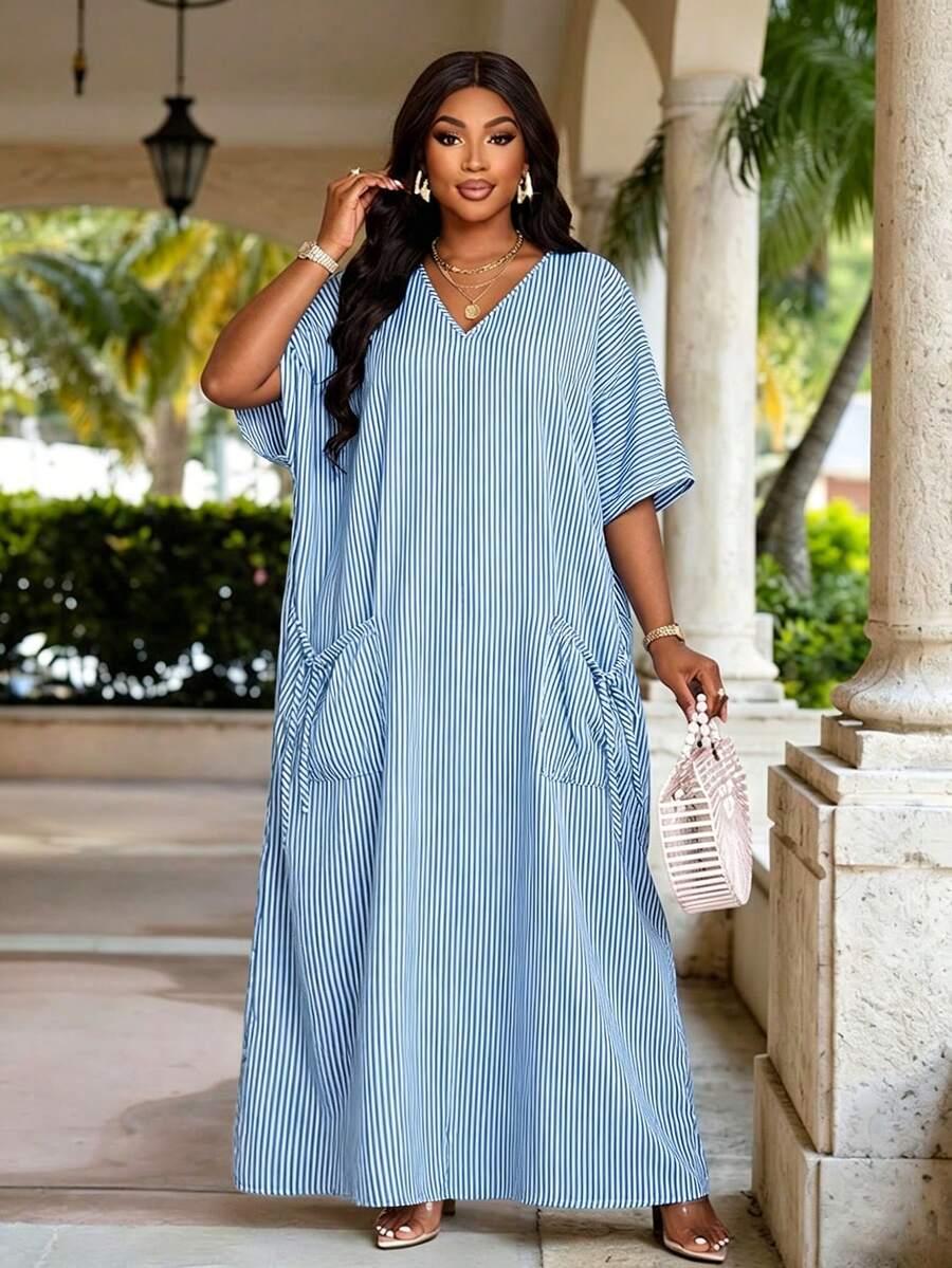 MAXI SUKIENKA WZÓR paski v-neck
