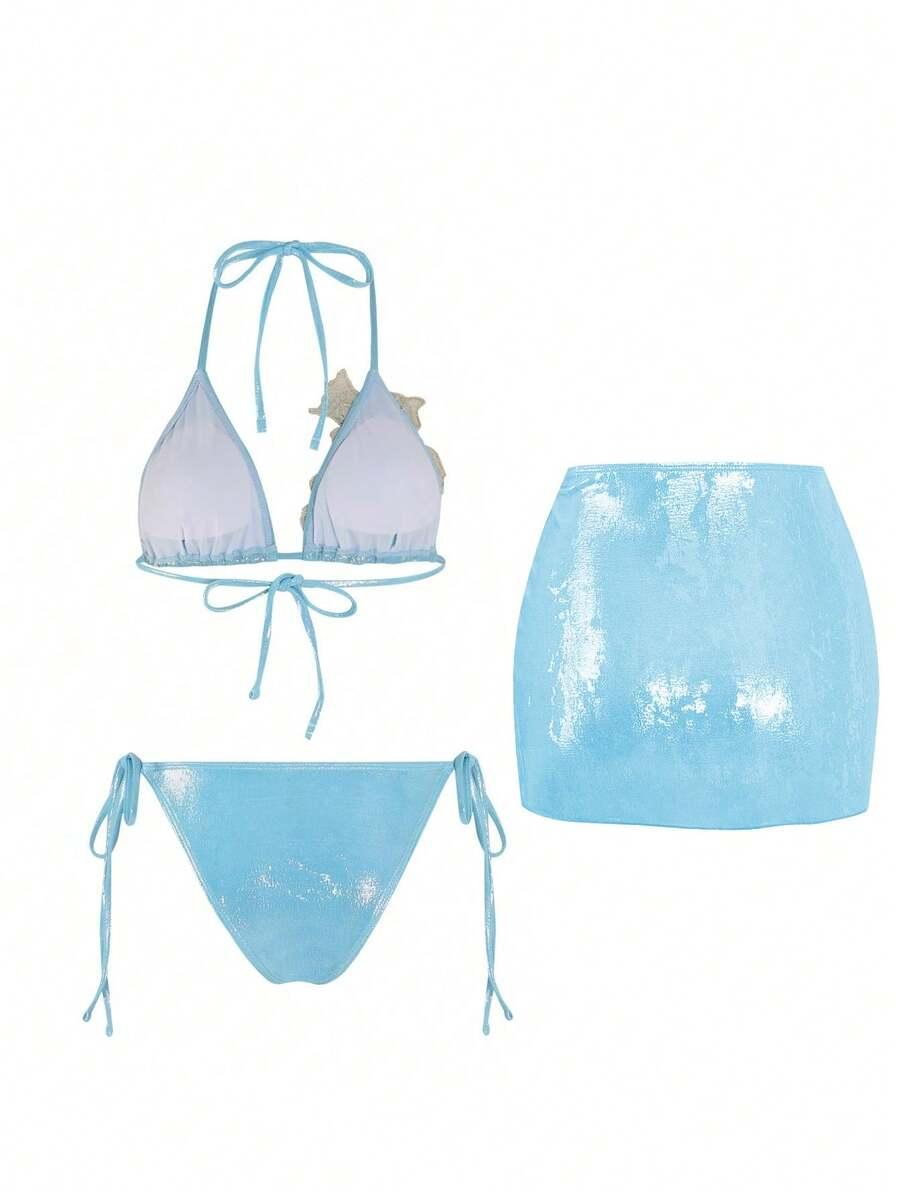 NIEBIESKI TRZYCZĘŚCIOWY KOMPLET BIKINI KWIAT 3D