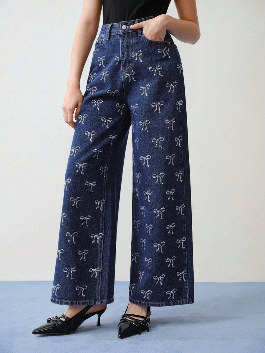 spodnie jeans wysoki stan zdobienie kokarda 