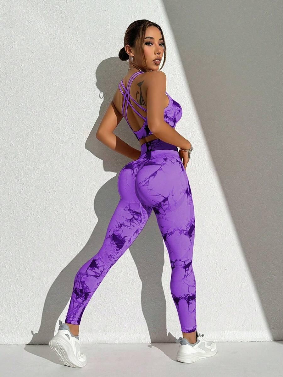 fioletowy top legginsy komplet 