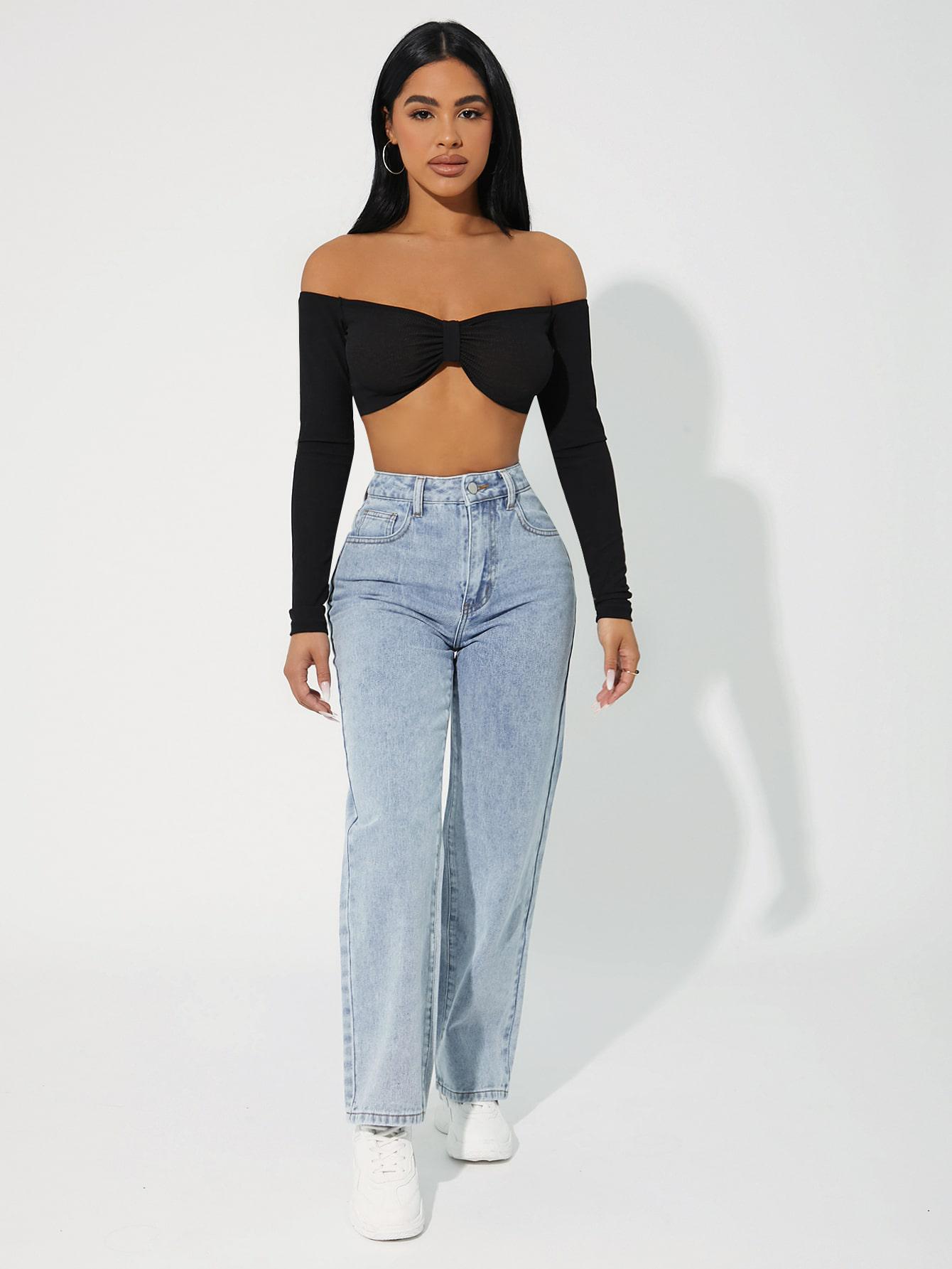 NIEBIESKIE SPODNIE JEANS PROSTA NOGAWKA WYSOKI STAN
