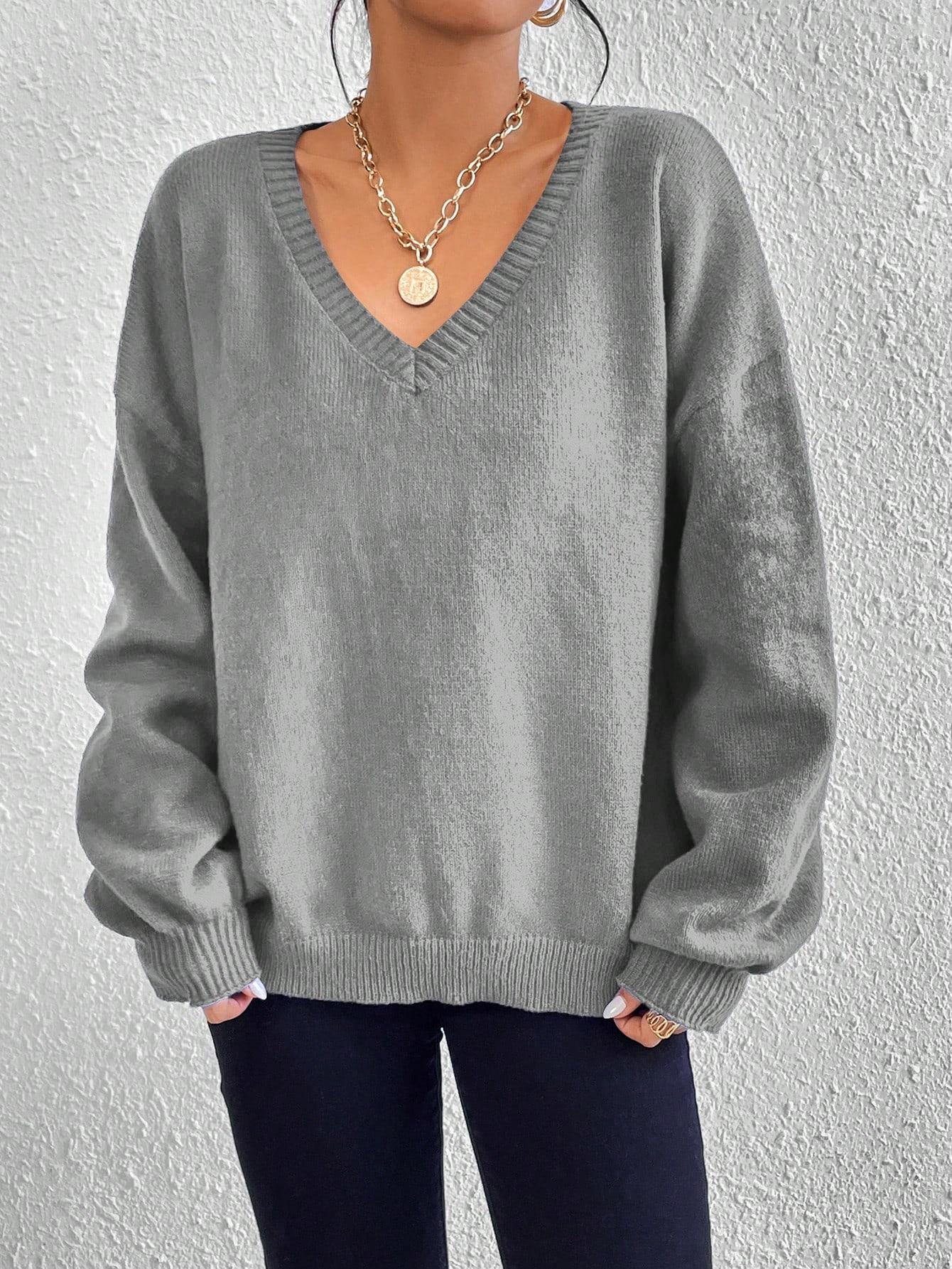 luźny szary sweter v-neck casual 
