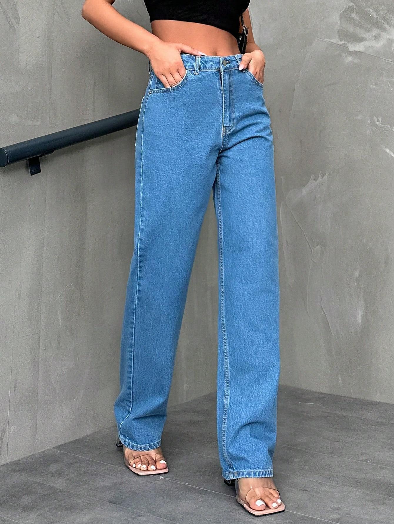 proste spodnie z wysokim stanem jeans kieszenie