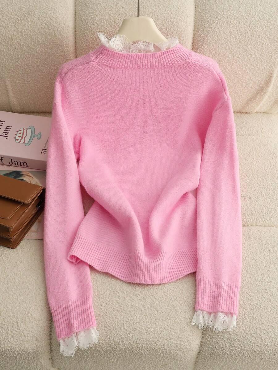 różowy sweter koronka 